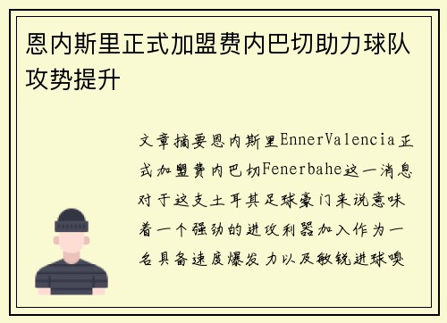 恩内斯里正式加盟费内巴切助力球队攻势提升